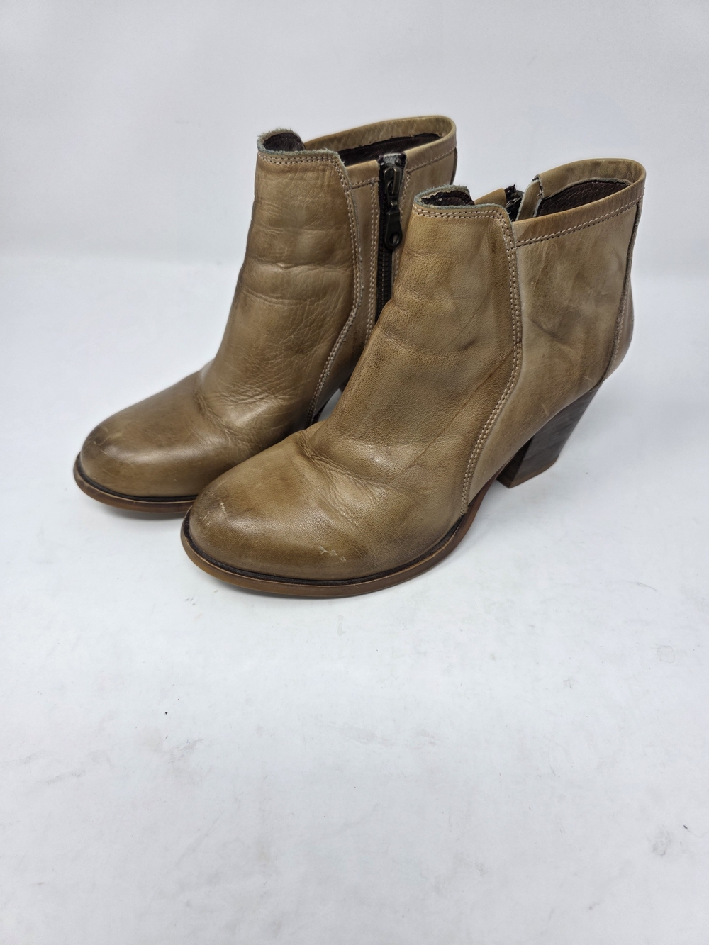 Roan Tan Leather Side Zip Ankle Boots Womens 8 Block Heel Booties